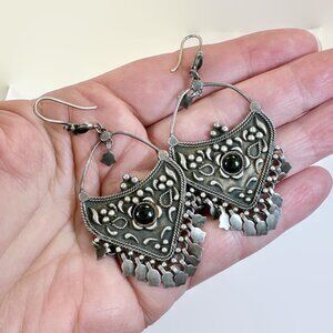 Boho, Earrings, Sterling Silver, Black Onyx, Vintage, Bali, Ethnic, Statement